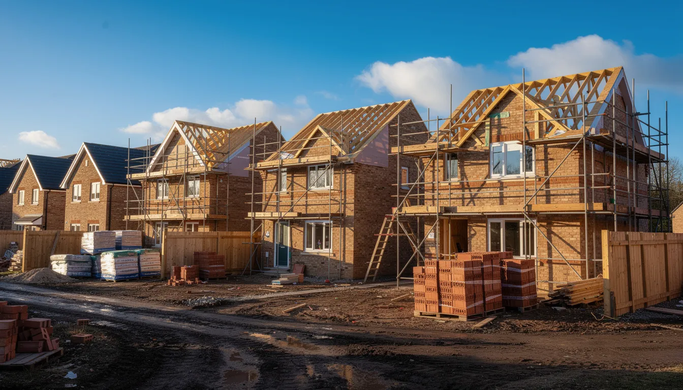 The image depicts a UK residential development site featuring new homes under construction, with scaffolding prominently visible against a clear blue sky. This scene captures the ongoing property development projects, highlighting the active development finance work involved in creating residential units.