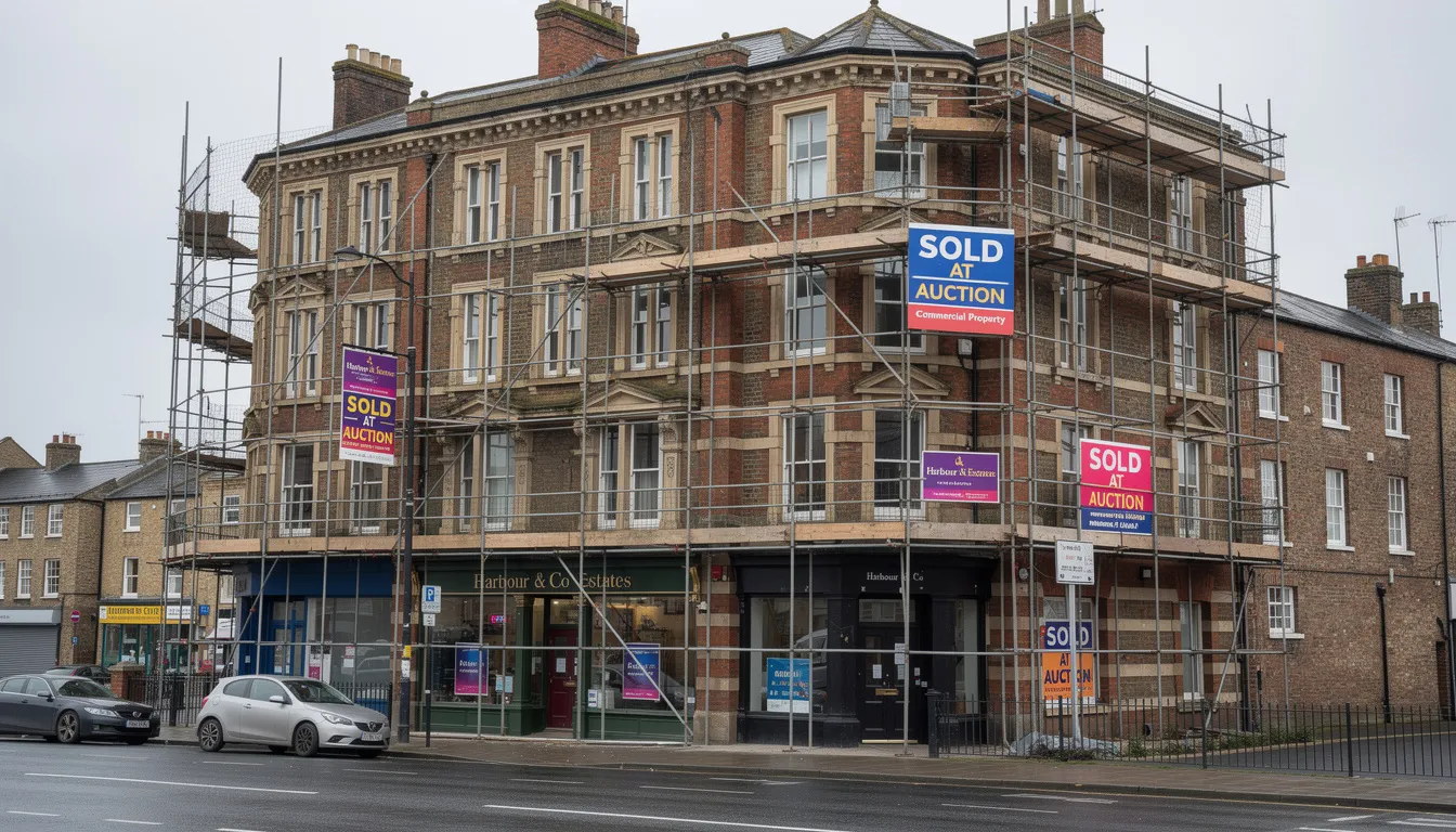 The image depicts a Victorian commercial property adorned with estate agent boards indicating it has been sold at auction. Scaffolding surrounds the building, signaling that refurbishment works are on the horizon, highlighting the ongoing transformation of this commercial property.