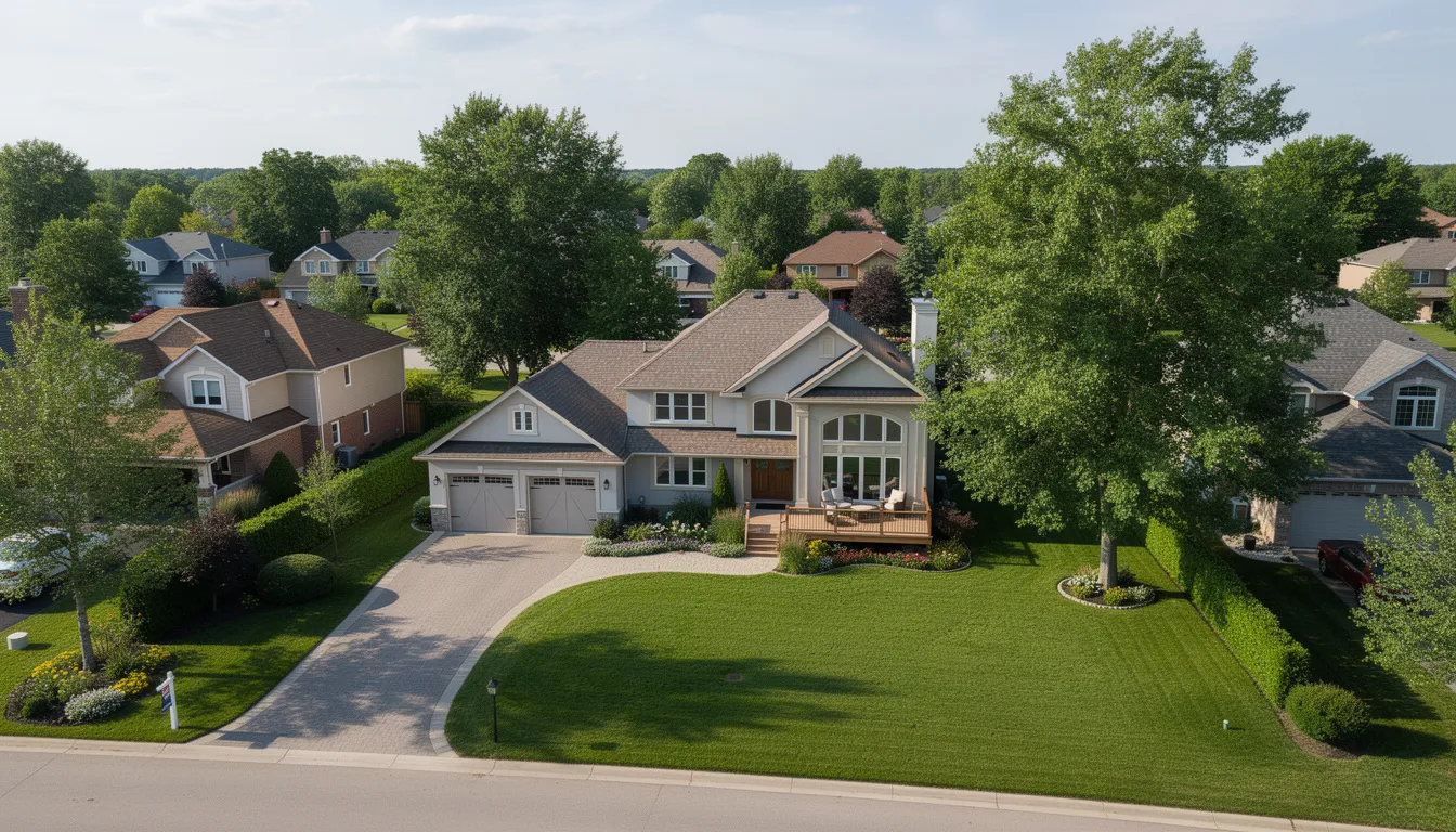 An aerial view showcases a spacious detached family home nestled in a green, leafy suburban area, surrounded by well-maintained gardens and trees. This tranquil setting may appeal to potential buyers considering various mortgage options, including interest-only mortgages, to manage their monthly payments effectively.
