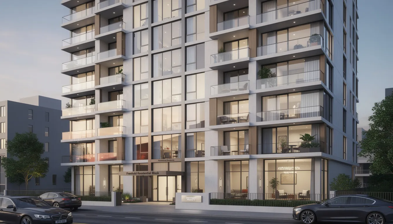 The image depicts a modern apartment building featuring multiple balconies, symbolizing a multi-unit freehold block investment ideal for professional landlords. This type of property is often sought after in the buy to let market for generating rental income and expanding a property portfolio.