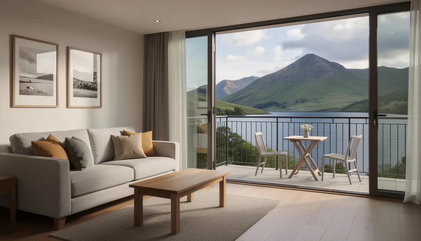 The image depicts a scenic view from the balcony of a holiday apartment in the Lake District, showcasing lush mountains and a serene lake below. This picturesque setting is ideal for those considering a holiday let mortgage to invest in a holiday home or rental property.
