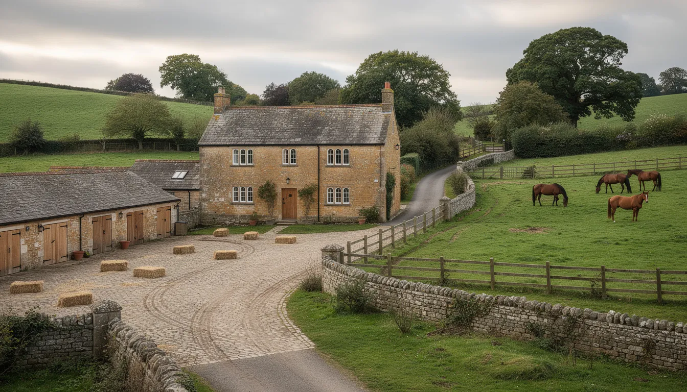 The image depicts a traditional English stone farmhouse surrounded by stables and paddocks, set in a picturesque countryside landscape. This rural property, ideal for large acreage mortgages, features significant land suitable for agricultural use and equestrian facilities.
