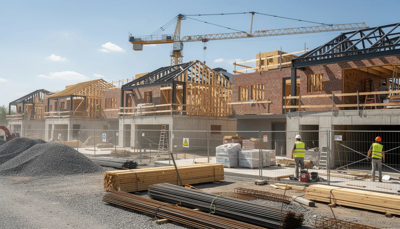The image depicts a construction site featuring several partially built residential properties, showcasing scaffolding and construction materials. This setting reflects the ongoing development of new homes, which may be of interest to first-time buyers and those seeking mortgage advice from professionals like mortgage brokers in Portishead.