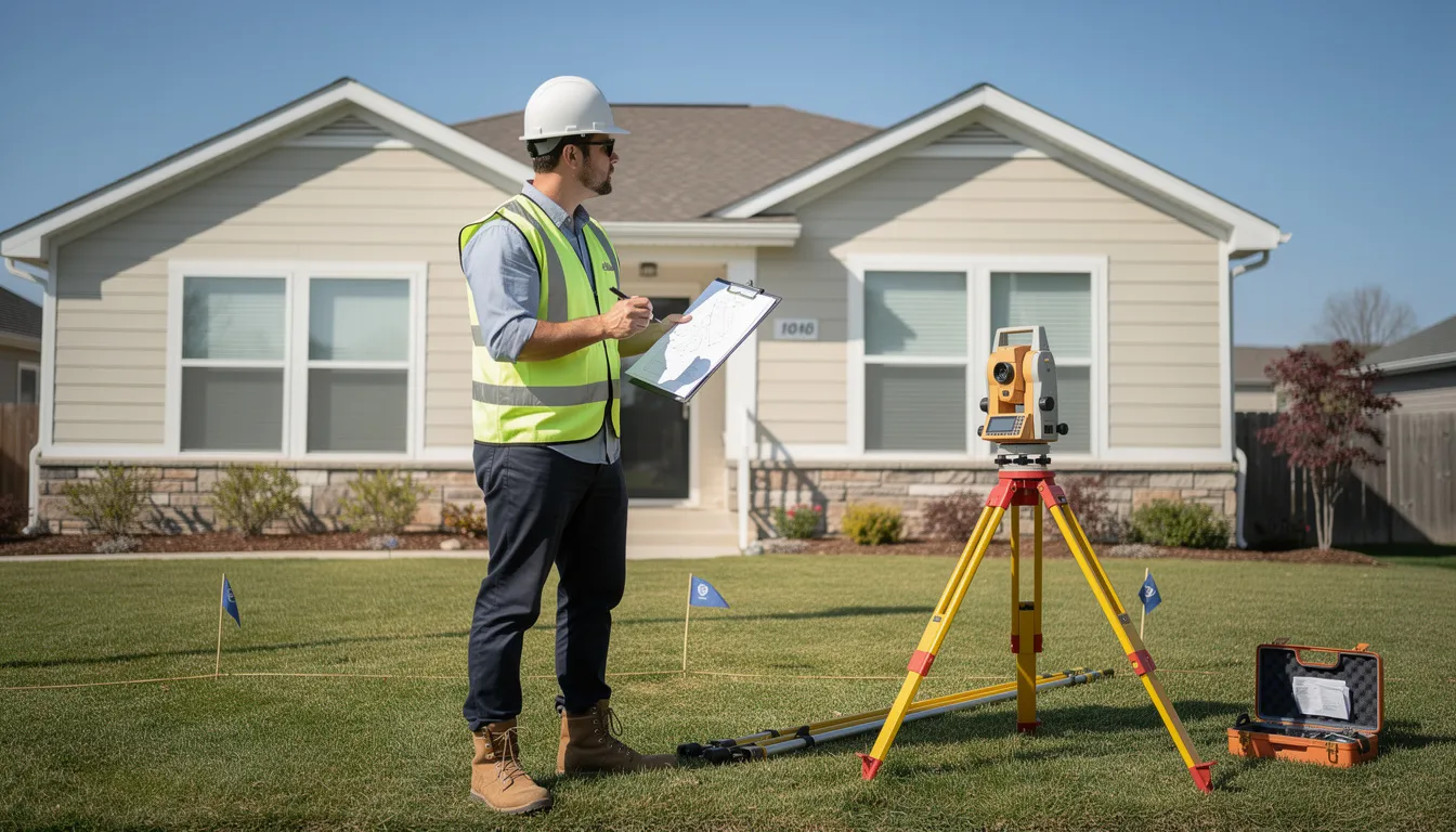 A professional surveyor is examining the exterior of a timber framed property, using a clipboard and measuring equipment to assess its structural integrity. This inspection is essential for understanding the construction method and ensuring compliance with building regulations.