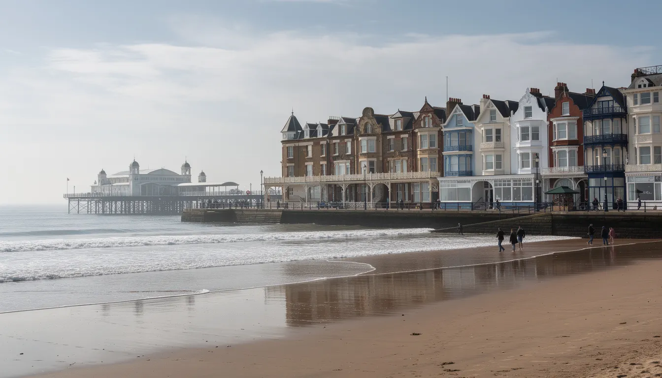 The image shows the picturesque seafront of Weston-super-Mare, featuring charming traditional Victorian buildings lining the promenade, with the iconic pier visible in the background. This vibrant location is ideal for first-time buyers seeking expert mortgage advice from local mortgage advisors to navigate the mortgage process for their new home.