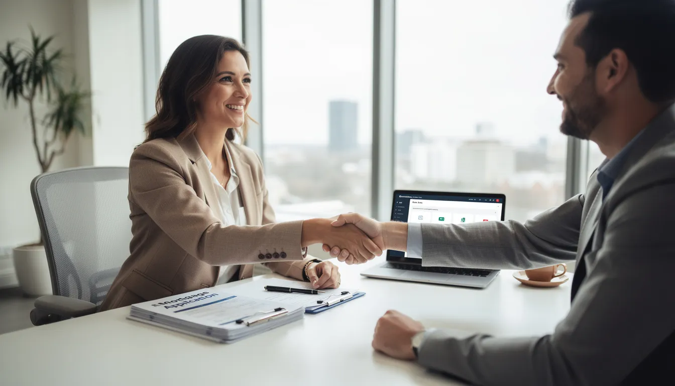 A friendly mortgage advisor is shaking hands with a client in a modern office setting, symbolizing a successful mortgage application process. This interaction highlights the support available for first-time buyers looking to understand their borrowing power and explore options with mortgage lenders offering up to 6x income based on joint income and individual circumstances.