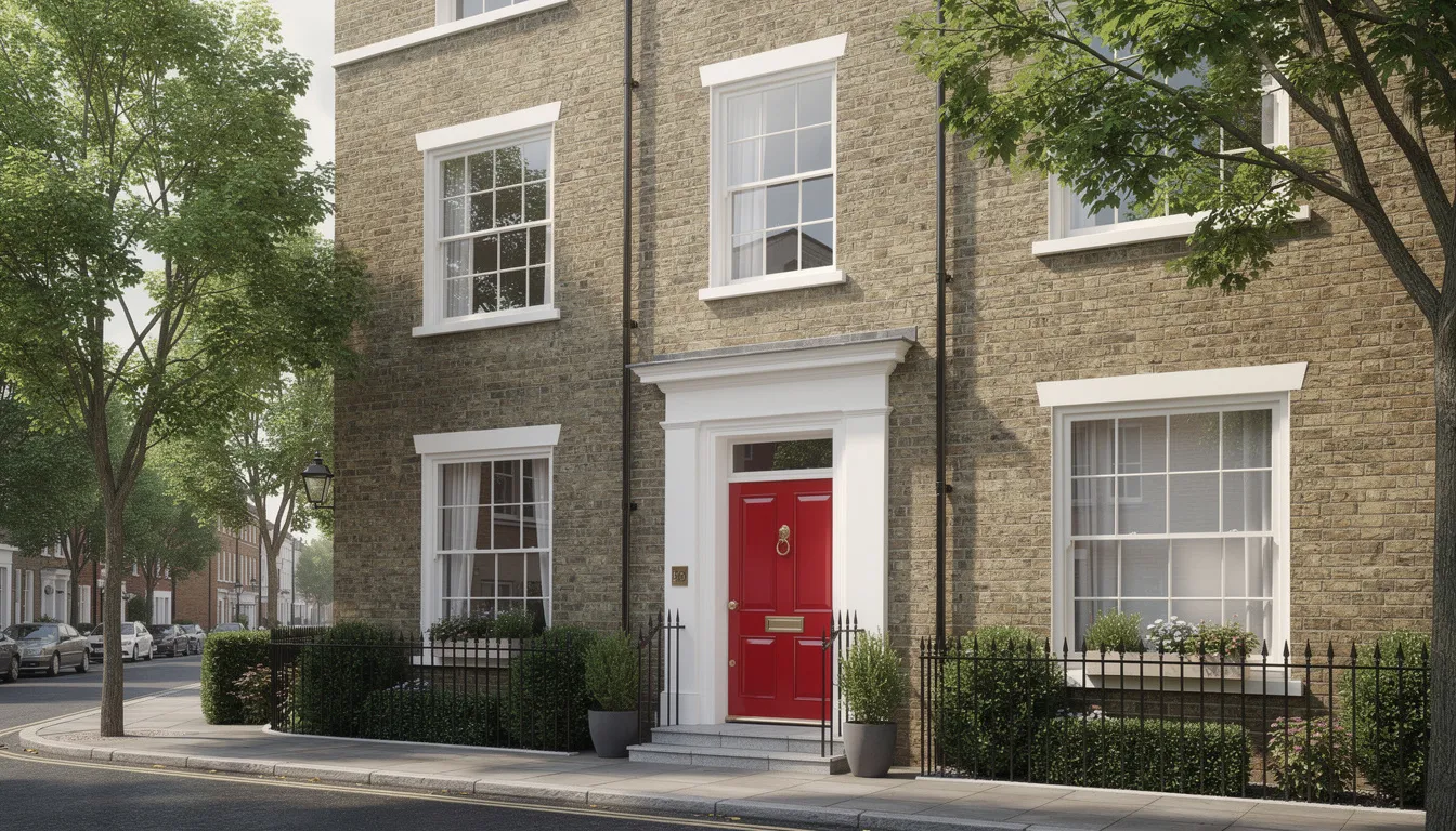 The image depicts a modern British townhouse featuring a vibrant red front door, situated on a picturesque tree-lined street. This residential property exemplifies the charm of urban living, ideal for those considering a second home mortgage or looking to invest in a second property.