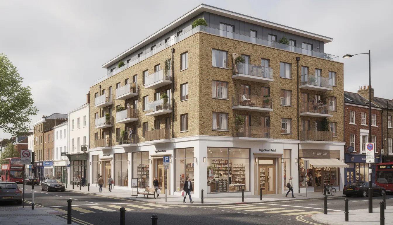 The image depicts a modern mixed-use building located in a UK town centre, featuring retail spaces on the ground floor and residential flats above. This property development project highlights the integration of commercial and residential units, showcasing the potential for development finance solutions in urban settings.
