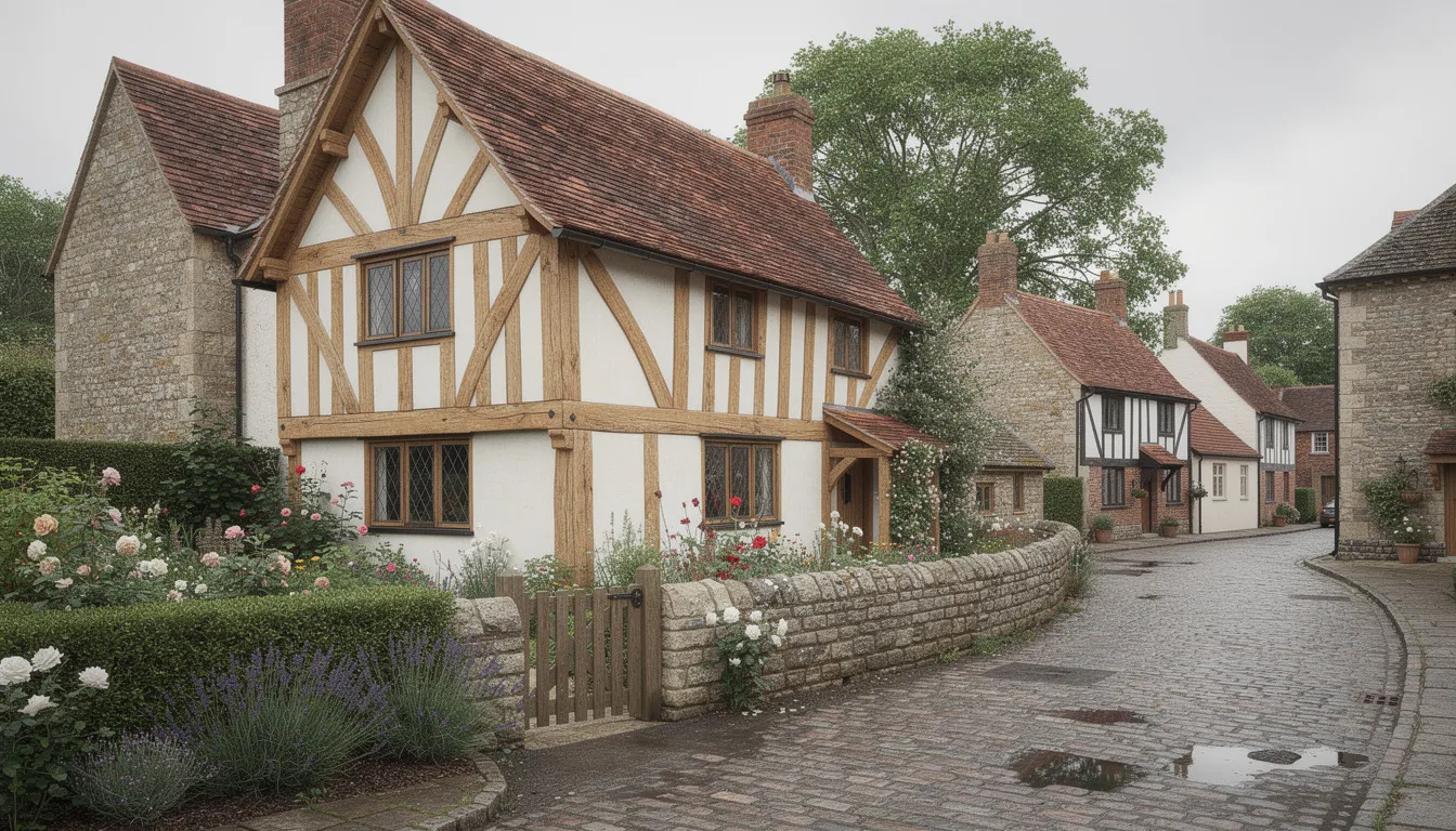 The image depicts a traditional oak-framed cottage, showcasing its prominent timber beams, nestled in an English village characterized by outstanding natural beauty. This timber framed property highlights the charm of timber frame construction, often sought after by those interested in securing a mortgage on a timber framed house.