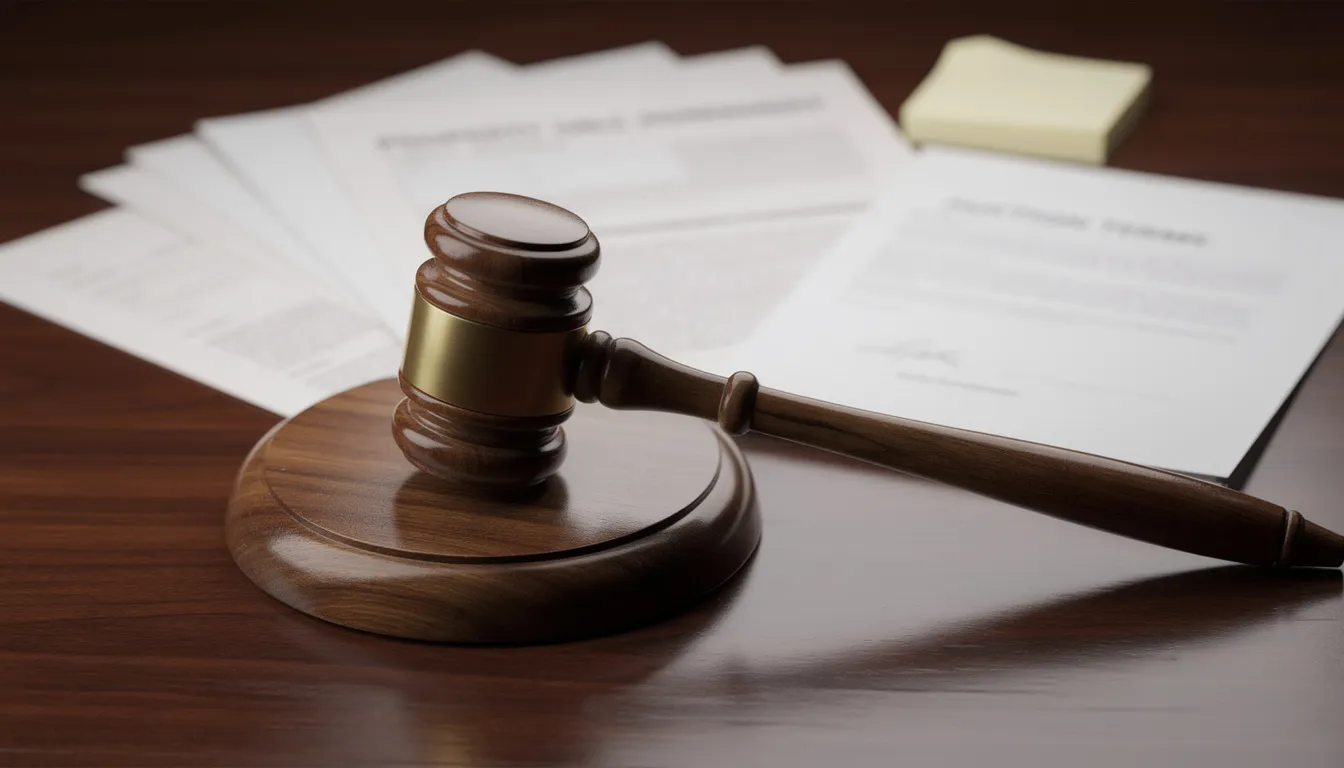 A wooden auctioneer gavel is prominently placed on a polished surface, with property documents featuring various details about residential properties in the background, highlighting the context of time-sensitive property transactions and potential bridging finance options. This image captures the essence of auction purchases and the role of specialist lenders in the property market.