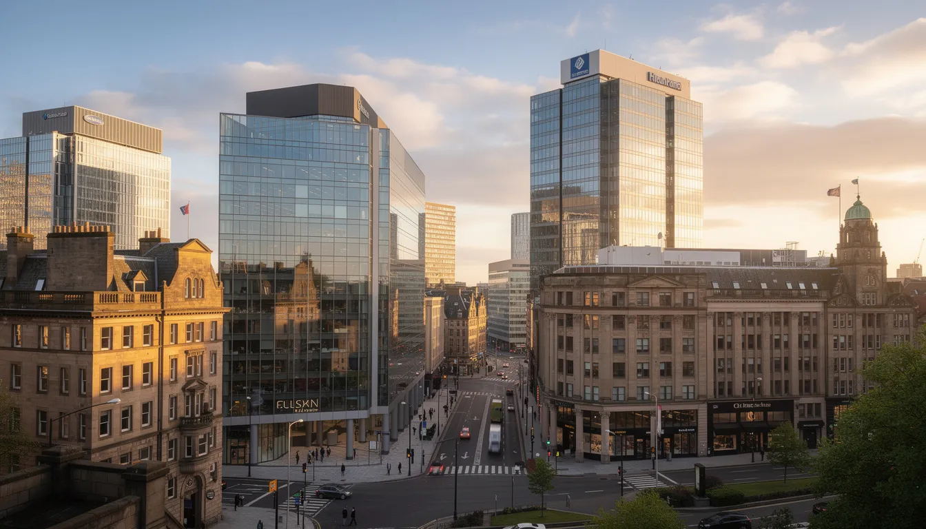 A panoramic view of a bustling financial district in either Edinburgh or Glasgow, showcasing modern skyscrapers and corporate buildings, including those of major firms like Morgan Stanley. The cityscape reflects the commitment to business and investment opportunities in the UK, representing a hub of financial services and mortgage solutions for employees and clients alike.