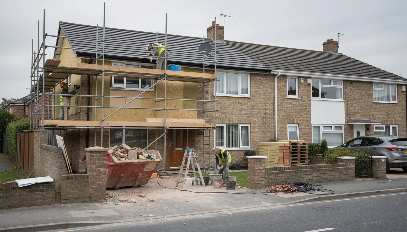 The image depicts a modern semi-detached house in the UK, surrounded by scaffolding as renovation works are underway. This scene highlights the ongoing property transactions and the potential need for bridging finance options to secure funds for the renovations.