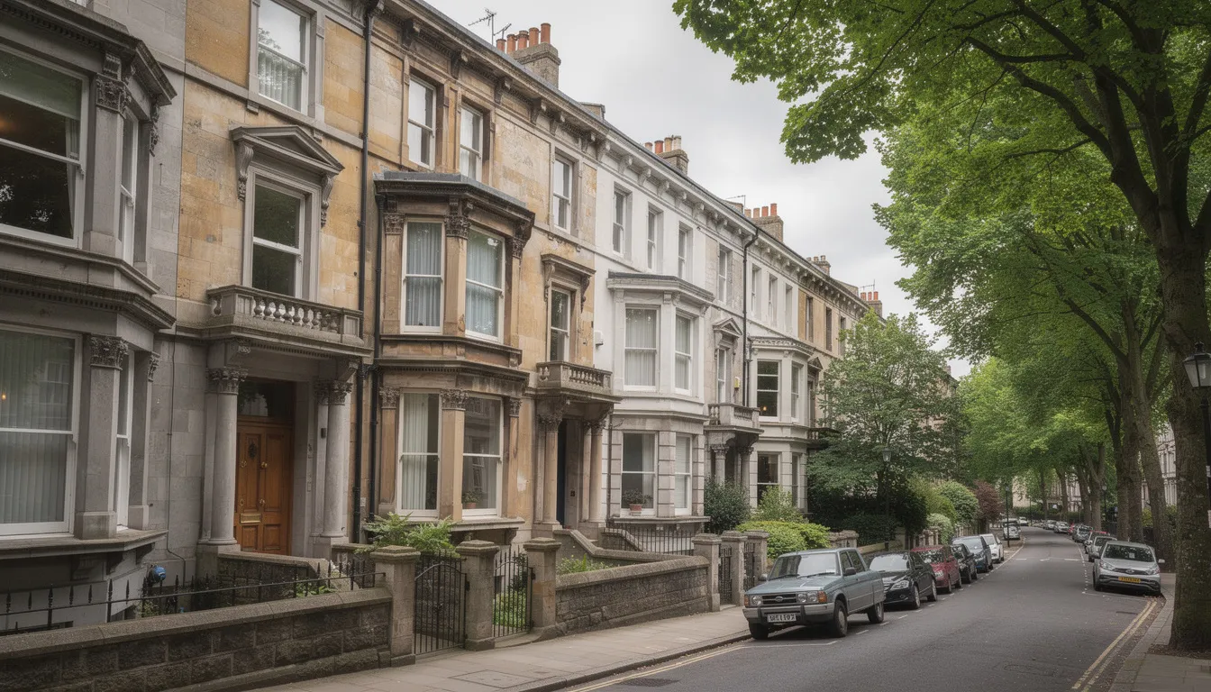 The image depicts a charming Victorian stone terrace house featuring bay windows, nestled on a picturesque tree-lined street in Clifton, Bristol. This residential property is an example of the local architecture that property investors may find appealing in the Bristol property market.