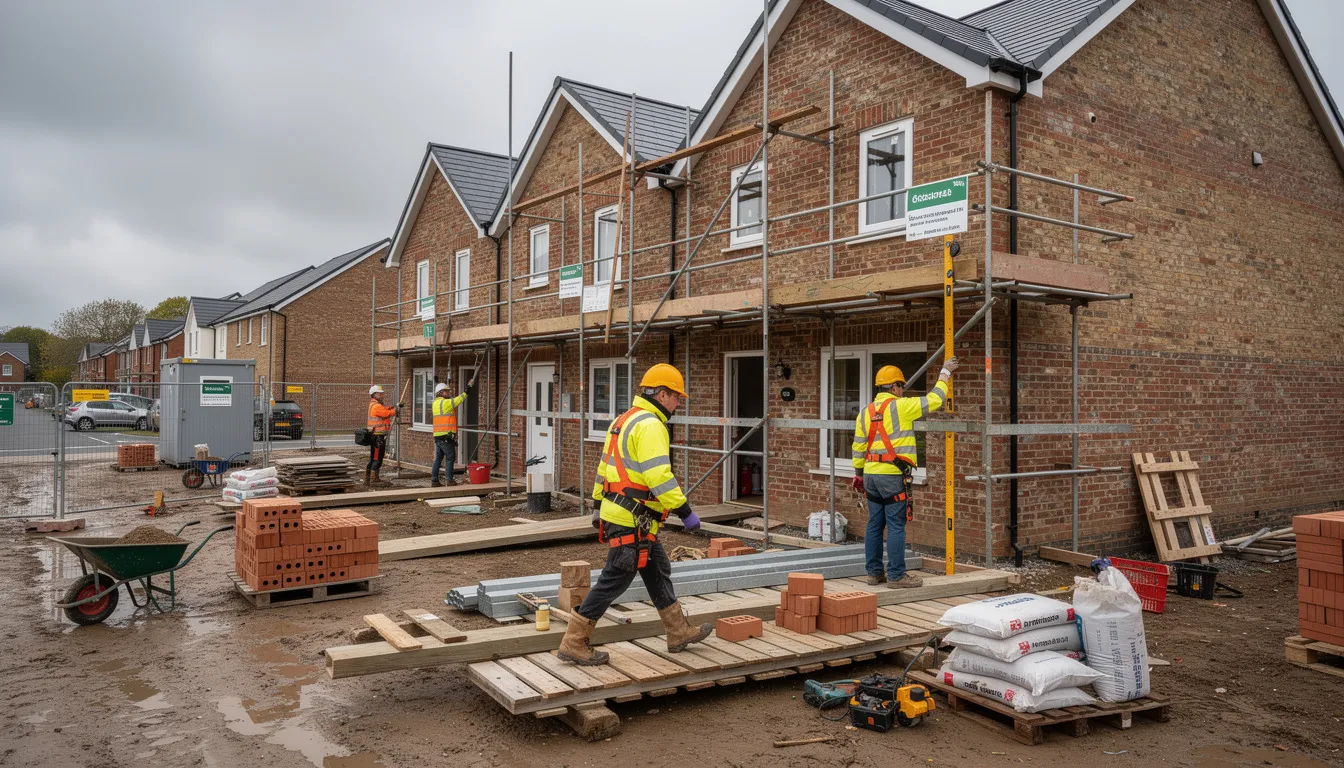 The image depicts construction workers actively engaged on a UK residential building site, surrounded by scaffolding and equipped with safety gear. This scene highlights the essential aspects of property development, showcasing the collaborative efforts of skilled professionals involved in the development finance process.