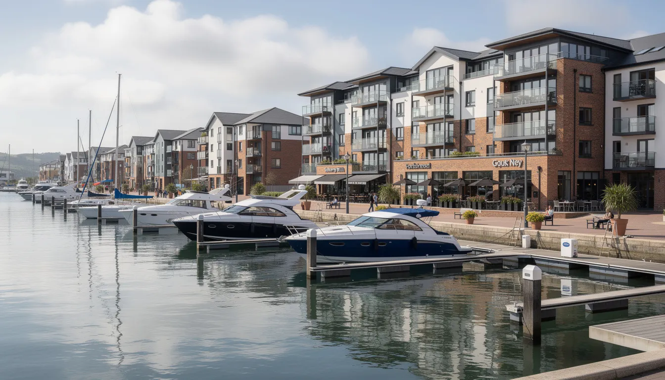 The image depicts Portishead Marina, showcasing a scenic waterfront filled with various boats and modern apartment buildings lining the shore. This vibrant area is a key part of the community, reflecting both leisure and residential aspects, ideal for those seeking mortgage advice for new properties or first-time buyer mortgages.