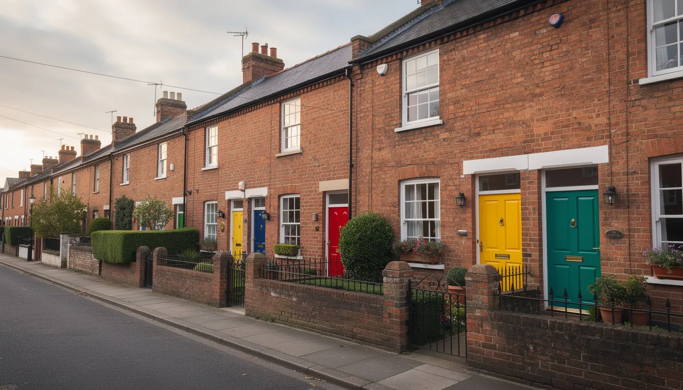 Traditional UK terraced houses with red brick facades and colourful doors, illustrating typical properties sought by buyers with bad credit mortgages.