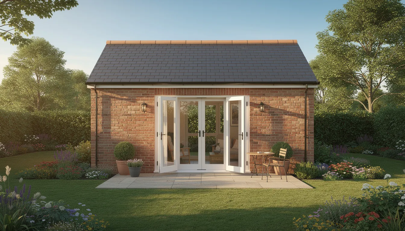 The image shows a brick-built garden annexe with a slate roof and elegant French doors that open onto a cozy patio, offering a separate dwelling option for family members or potential rental income. This property with an annexe could be ideal for those considering a mortgage on a property that includes additional living space.