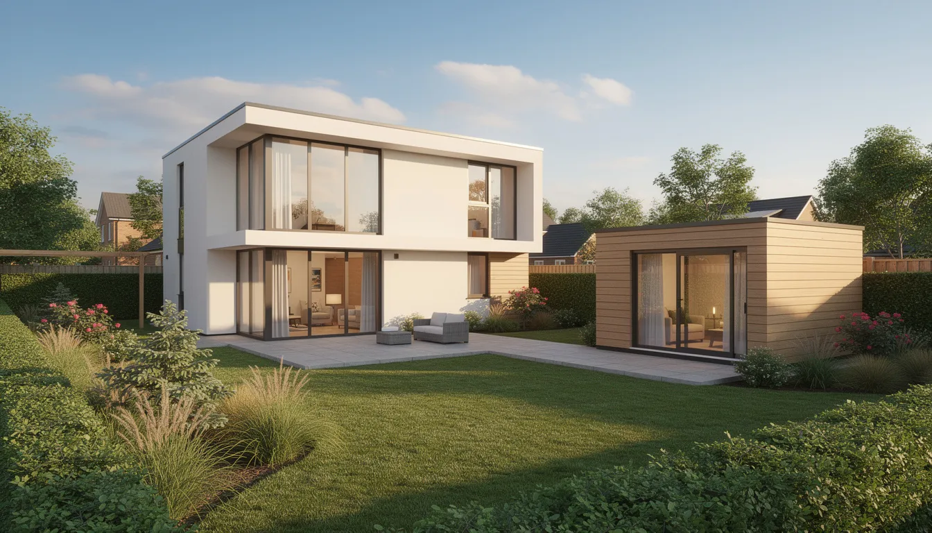 The image depicts a modern detached house surrounded by a well-maintained garden, featuring a separate timber garden annexe that could serve as a self-contained dwelling for family members or as a potential rental income source. This property with an annexe showcases the possibilities for additional space and flexibility in residential living.