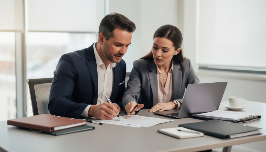 A professional couple is seated at a desk, reviewing documents together, likely discussing their mortgage application as first-time buyers. They appear focused on understanding their joint income and how it relates to the maximum loan amount they can borrow, possibly considering mortgage lenders that offer 6x their combined salary.