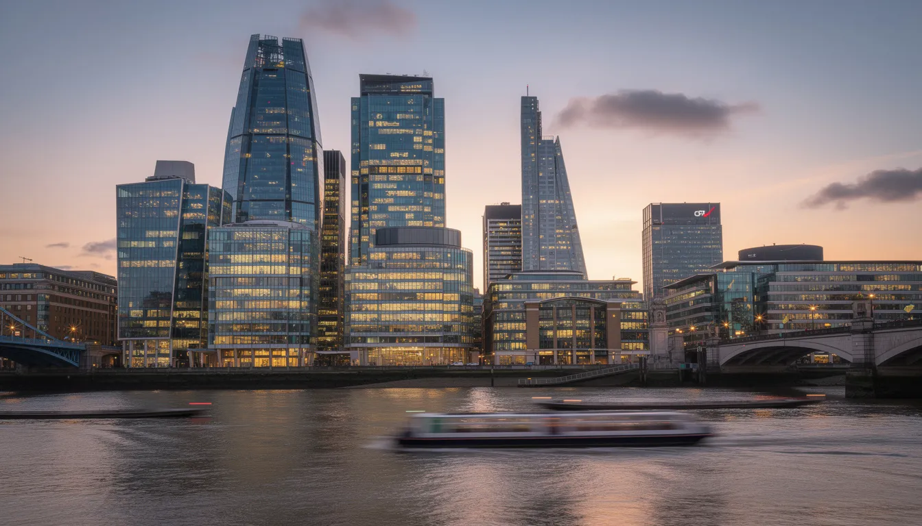 The image depicts the modern skyline of London's financial district at dusk, showcasing sleek glass office towers illuminated against the evening sky. This vibrant scene reflects the wealth and activity of high net worth individuals and private equity investments in central London, a hub for private bankers and financial services.