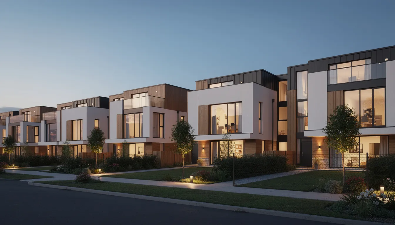 The image depicts a modern residential development featuring approximately 12 newly built homes, illuminated warmly from within as dusk settles. The inviting glow from the windows highlights the completed properties, showcasing the successful culmination of a property development project.
