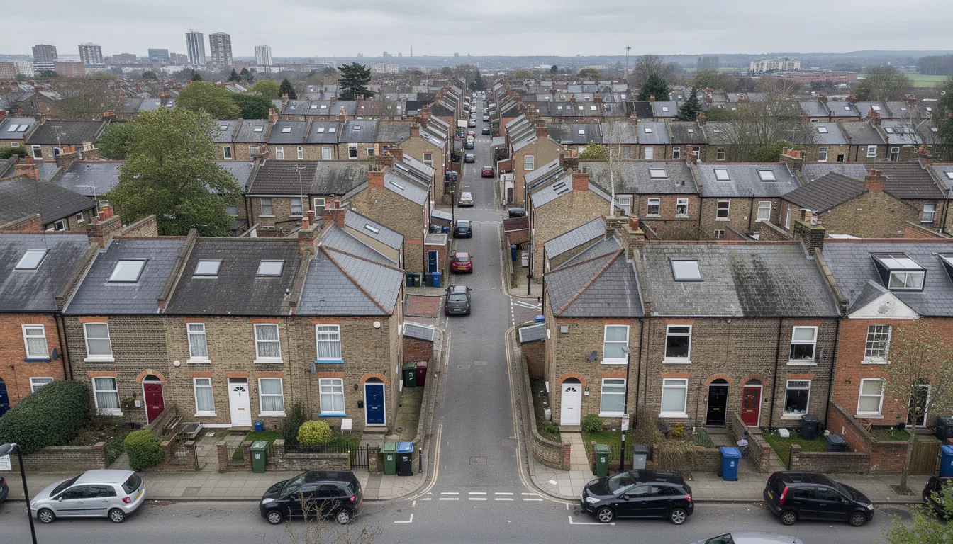 An aerial view of a row of terraced houses in a UK city, showcasing typical HMO investment properties that can generate multiple income streams for landlords. These properties often require mortgage applications tailored to complex income cases, appealing to both mainstream and specialist lenders.