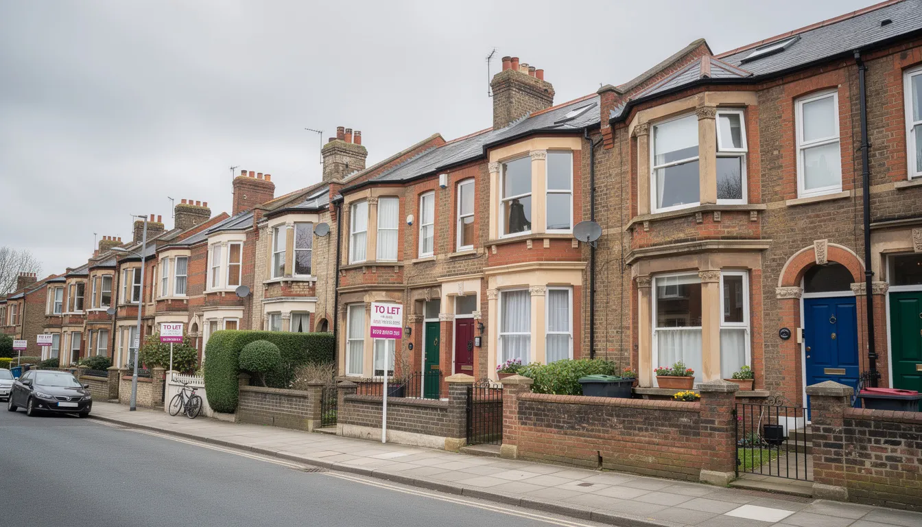 The image depicts a row of charming Victorian terraced houses lining a quiet residential street in the UK, ideal for buy-to-let investment opportunities. These properties are well-suited for medical professionals, including newly qualified doctors and locum doctors, seeking tailored mortgage solutions through specialist lenders and mortgage brokers.