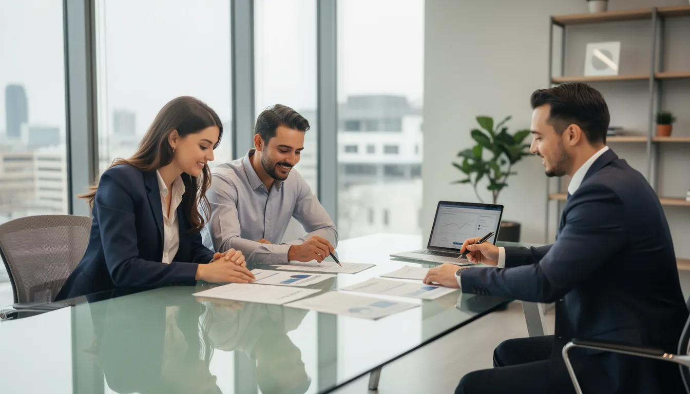 A professional couple is seated at a modern office table, reviewing financial documents with a mortgage adviser. They are discussing mortgage options, including how lenders assess RSU income and the impact of bonuses on their mortgage application and affordability calculations.