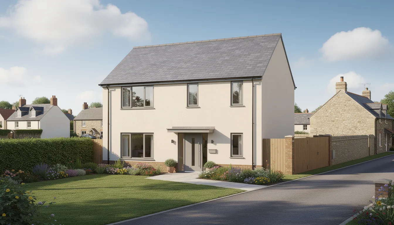 A modern detached home in a picturesque UK village features a well-maintained garden, surrounded by a clear blue sky during daylight. This inviting property could be an ideal option for self-employed professionals, including newly qualified vets looking to secure mortgages tailored to their unique financial circumstances.