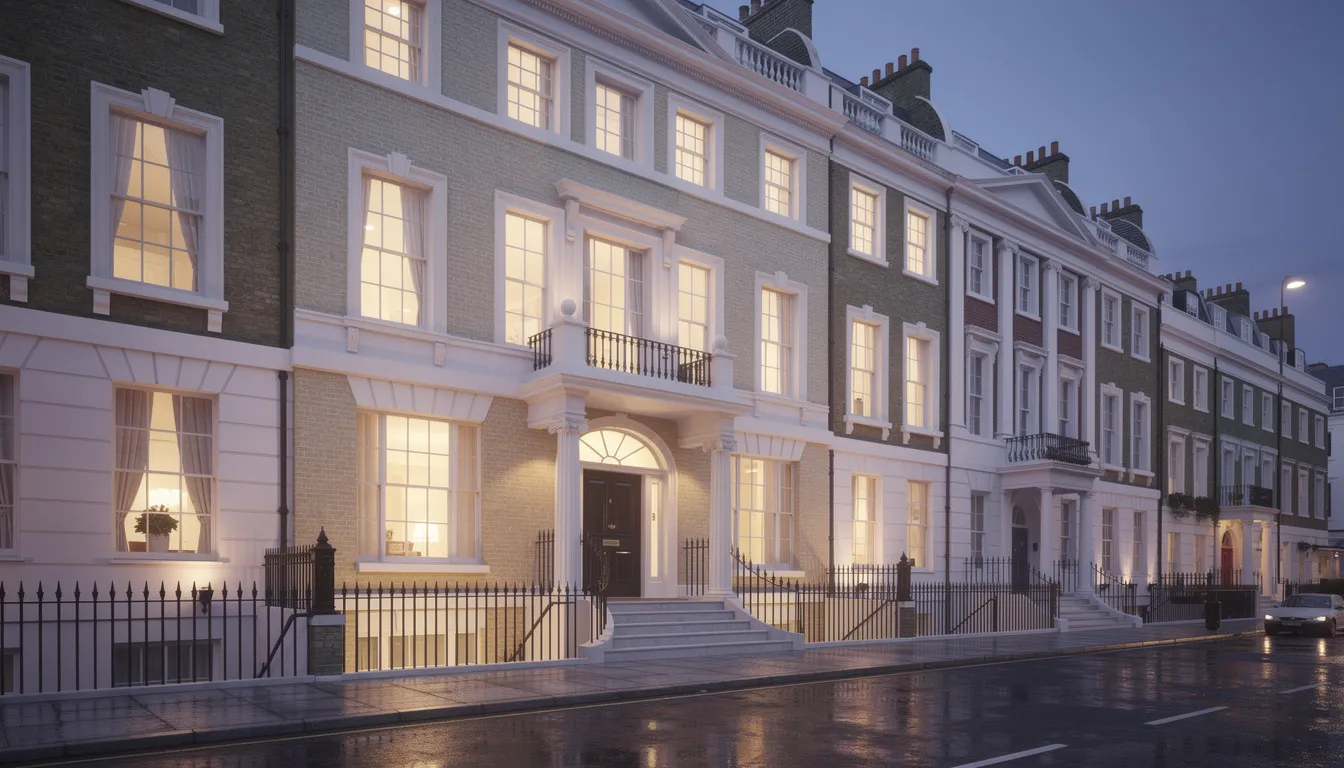 The image depicts an elegant Georgian townhouse in Kensington at dusk, with warm interior lighting glowing through the tall windows, suggesting a cozy and inviting atmosphere. This scene may resonate with high net worth individuals seeking bespoke mortgage solutions from private banks, highlighting the luxurious appeal of such properties in the private banking world.