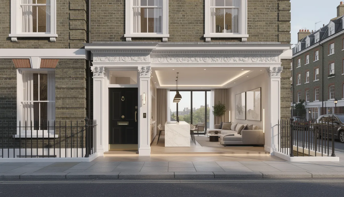 The image depicts a modern luxury townhouse in central London, showcasing a blend of period features and a contemporary interior design. The stylish living space highlights the potential for homeowners to utilize various income streams, such as restricted stock units (RSUs) and bonus income, when applying for a mortgage with UK mortgage lenders.