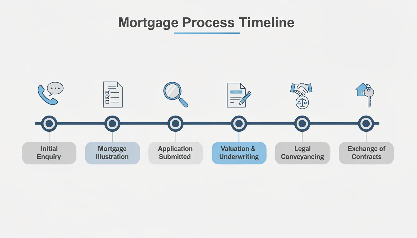 The image depicts a horizontal timeline illustrating the steps involved in the mortgage process, starting from the initial enquiry to the completion of the mortgage. This visual guide is essential for understanding the application process for international mortgages, particularly for those interested in property in the UK or overseas property investments.