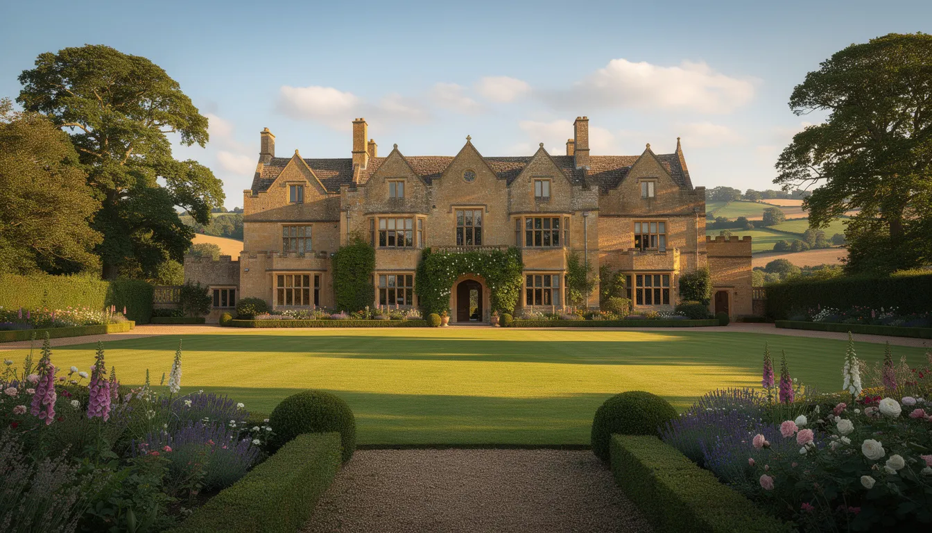 The image depicts a grand Cotswolds country estate characterized by its honey-coloured stone facade and expansive, well-maintained grounds, embodying the elegance sought by high net worth individuals. This picturesque setting highlights the type of property that often requires bespoke mortgage solutions from private banks and specialist lenders in the UK mortgage market.