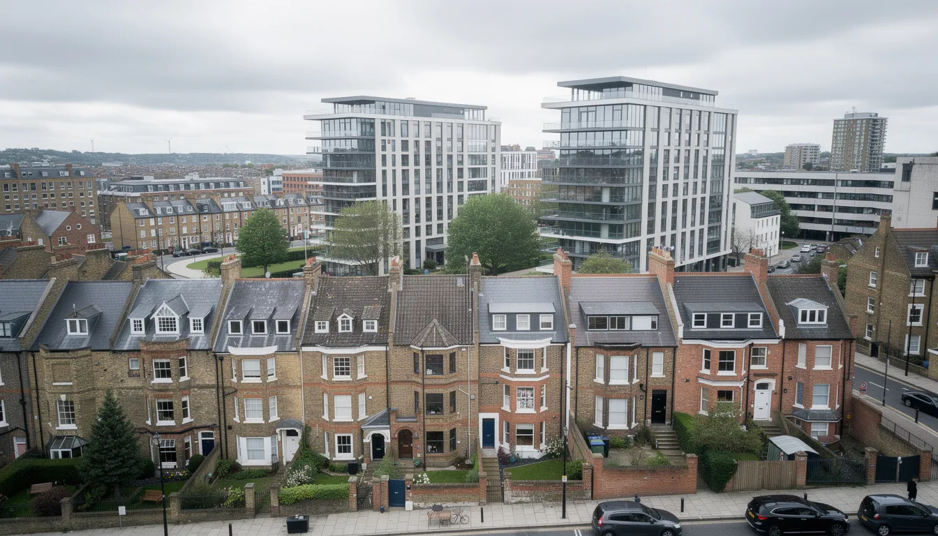 An aerial view of a UK city skyline showcases a mix of residential townhouses and modern apartment buildings, reflecting the diverse living options available. This image highlights the importance of tailored mortgage solutions for healthcare professionals, including junior doctors and locum doctors, as they navigate their mortgage journey amidst various lenders and competitive mortgage rates.
