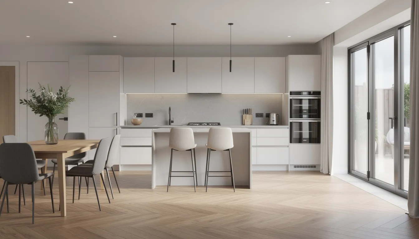 The image depicts a modern UK home interior featuring an open-plan kitchen and dining area, bathed in natural light with contemporary finishes. This inviting space showcases a stylish layout that could appeal to professionals, including self-employed individuals and newly qualified vets considering tailored mortgage solutions for their unique financial circumstances.