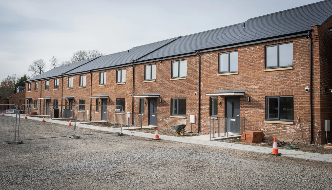 The image depicts a construction site at the practical completion stage, showcasing recently completed brick townhouses with scaffolding removed. This scene highlights the successful outcome of a property development project, which may interest property developers seeking development finance solutions for future projects.