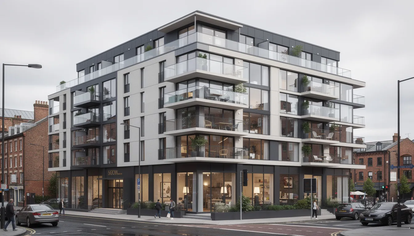 The image depicts a modern apartment building in the heart of Manchester city centre, featuring sleek balconies and expansive floor-to-ceiling windows that offer a contemporary aesthetic. This property represents a prime example of UK property, ideal for investment purchases or overseas property mortgages.