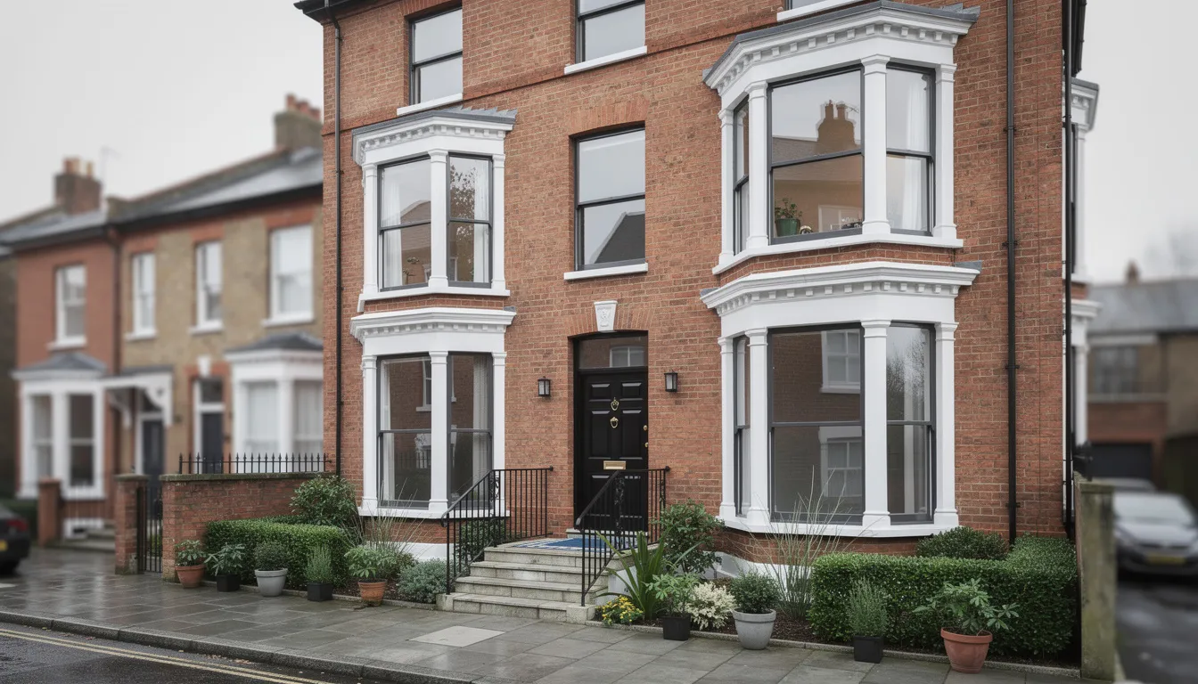 The image depicts a modern townhouse located in a UK residential street, characterized by its professional aesthetic, featuring a stylish brick facade and prominent bay windows. This appealing property could be an ideal choice for professionals seeking competitive mortgage products tailored for self-employed individuals or those with irregular income.
