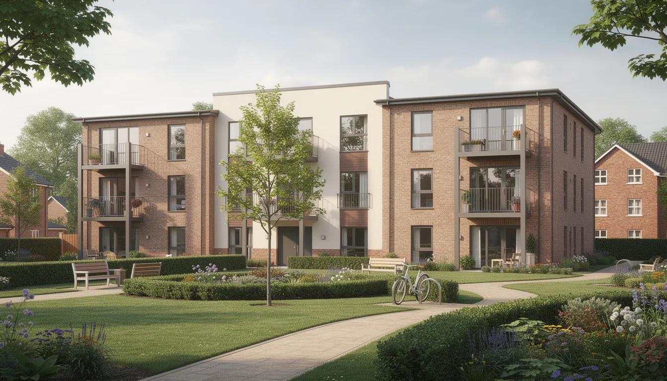 The image depicts a small block of well-maintained flats surrounded by a communal garden, representing a typical buy-to-let investment property. This setting is ideal for barristers seeking to enhance their income stability through rental income while managing interest costs with options like fixed rate mortgages or interest only mortgages.