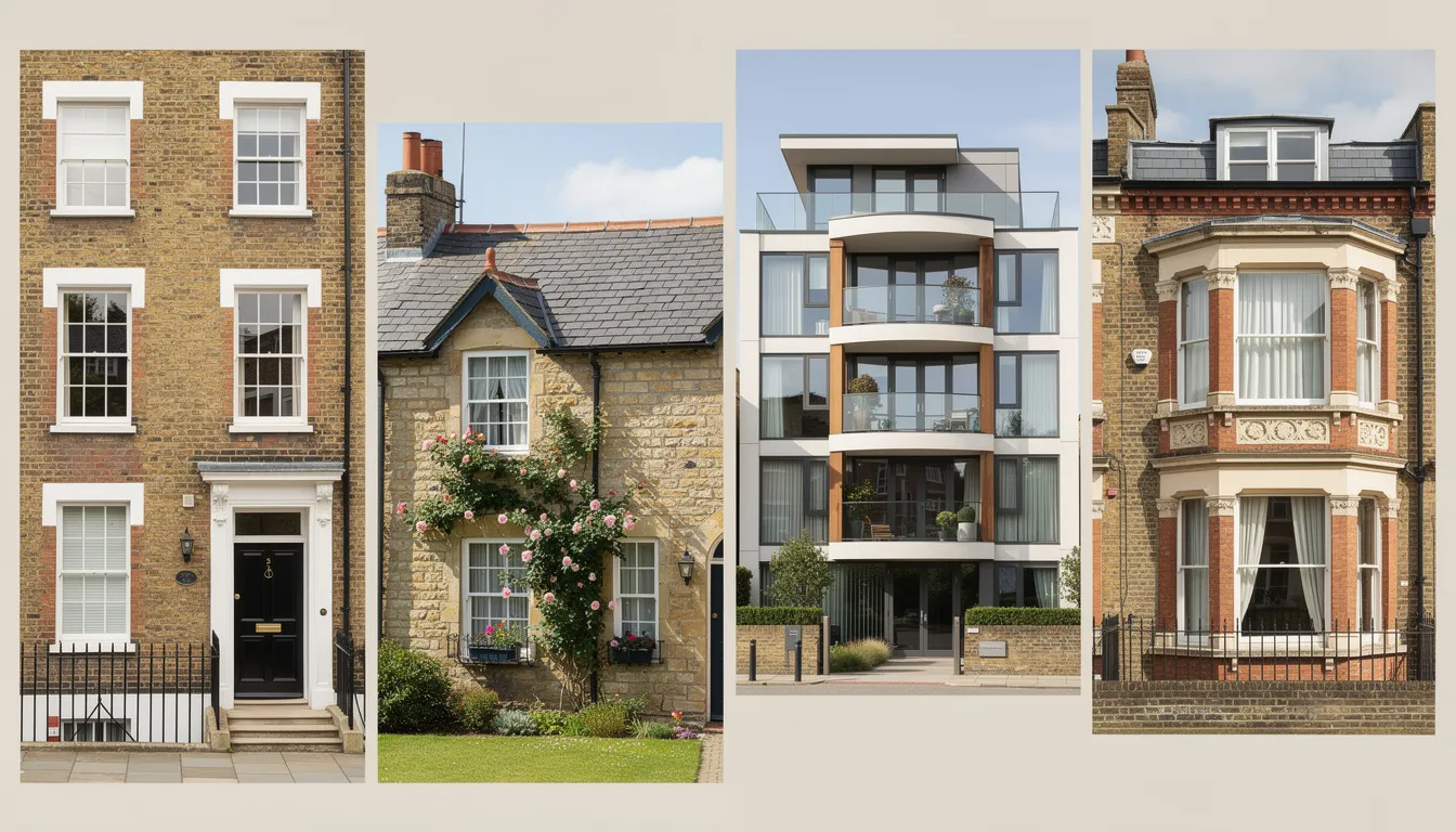 The image features a collage showcasing various types of UK properties, including a classic London townhouse, a charming country cottage, a sleek modern apartment building, and a stylish period conversion flat. This diverse representation highlights the different mortgage options available for legal professionals, such as barrister mortgages and fixed-rate mortgages, catering to their unique financial situations and future earnings potential.