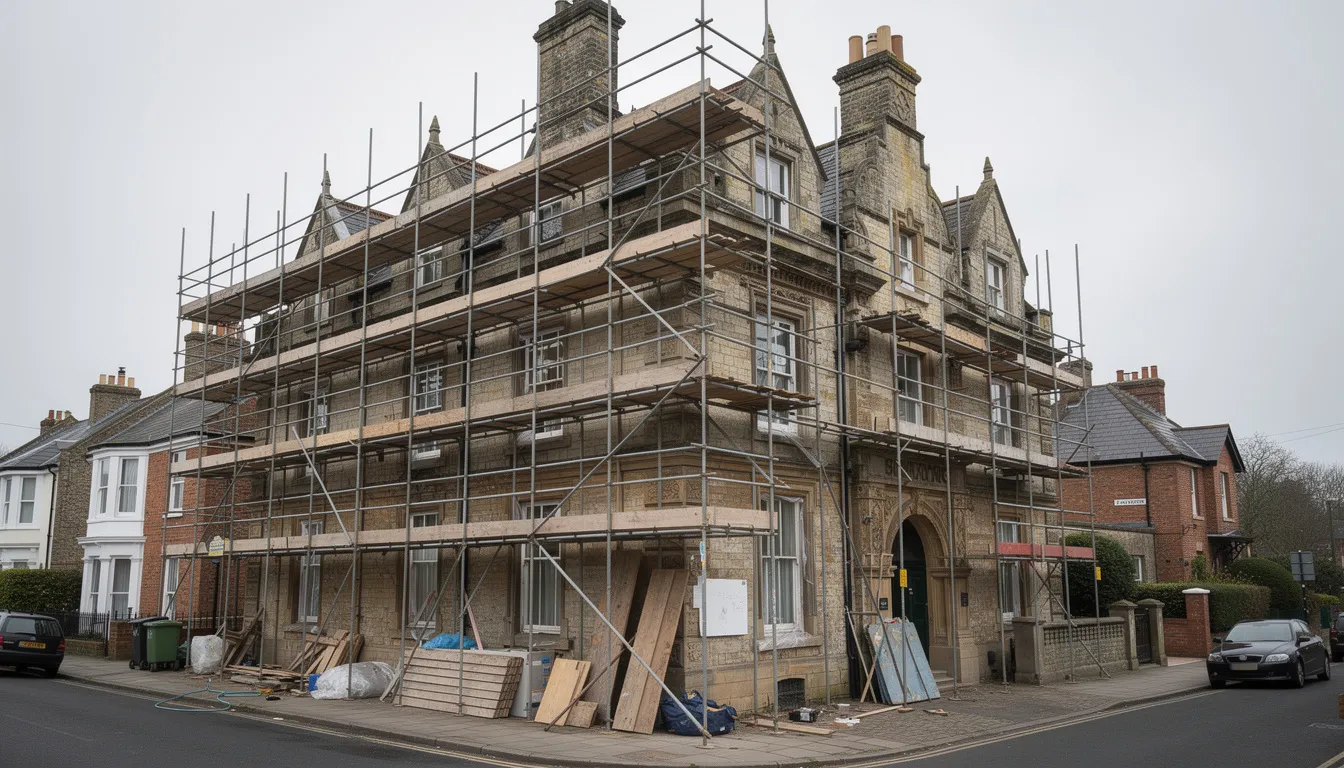 The image shows a period property in the process of renovation, surrounded by scaffolding, indicating ongoing work to enhance its features. This prime central London property reflects the rich cultural heritage of the area and is situated in a competitive market where property values are influenced by international investors and high net worth individuals.