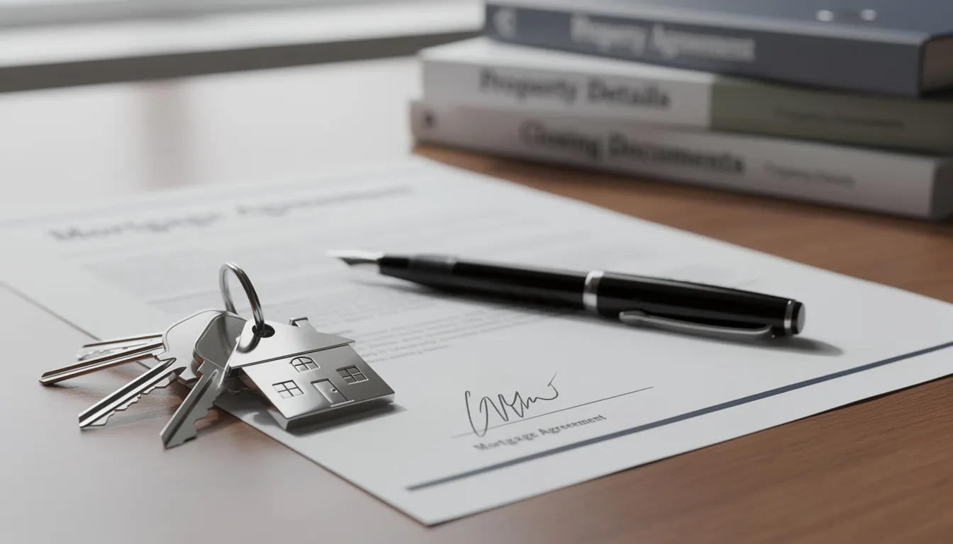 The image features a set of keys alongside a signed mortgage contract on an office desk, accompanied by a pen and various property documents. This scene reflects the professional mortgage process, highlighting the importance of expert guidance for self-employed professionals and high earners seeking the best mortgage products.