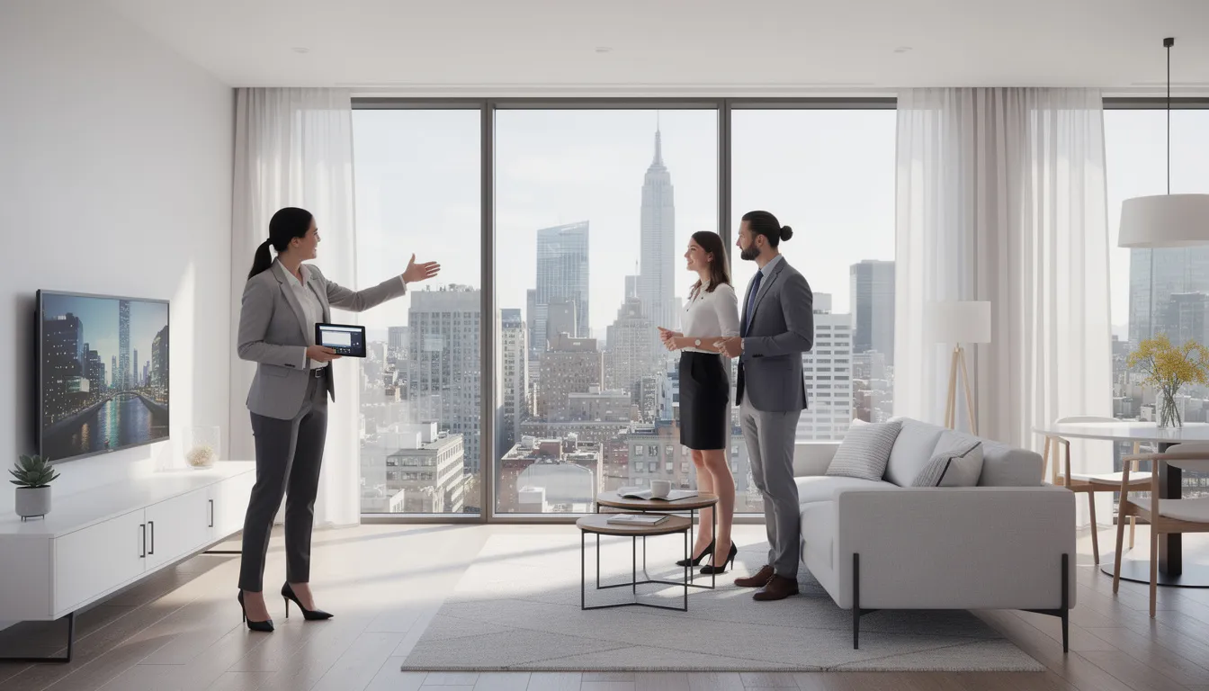 A professional couple is exploring a bright, modern apartment with large windows, accompanied by an estate agent. The setting highlights the couple's interest in finding a new property that suits their lifestyle as working professionals, potentially considering professional mortgage products tailored for their needs.