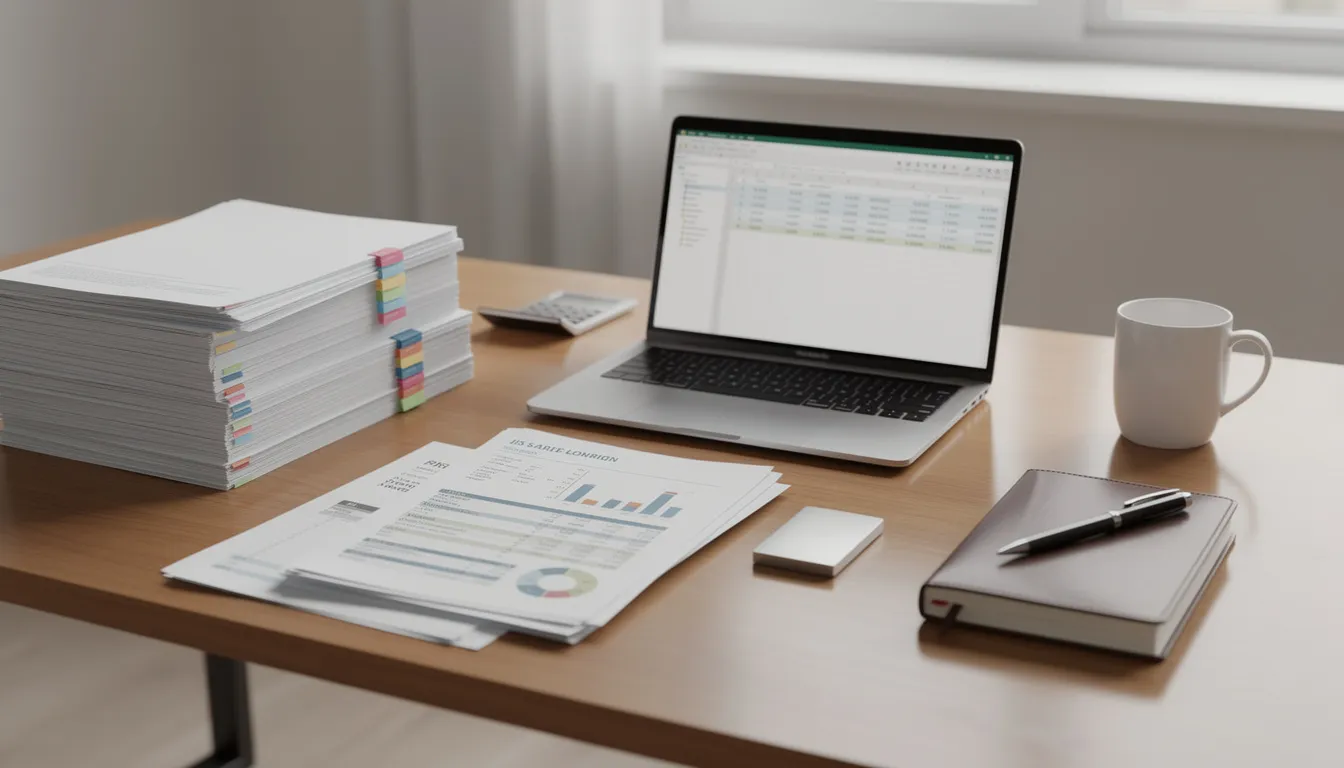The image depicts a professional desk featuring neatly organised financial documents alongside a laptop, suggesting a focus on high net worth mortgages and bespoke finance solutions. This setup indicates a workspace tailored for high net worth individuals, emphasising the importance of managing complex income structures and significant assets in the UK mortgage market.