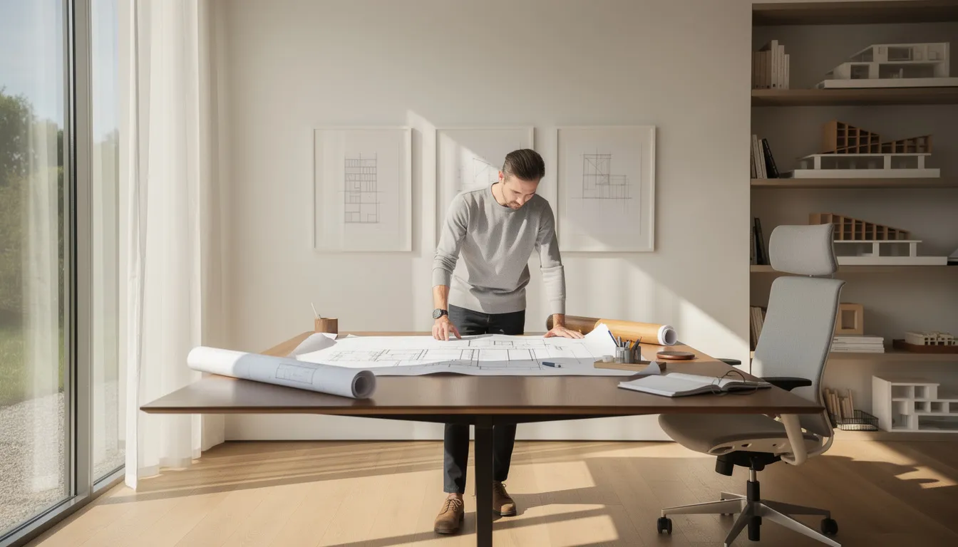 An architect is intently reviewing detailed architectural plans in a bright, modern home studio, surrounded by natural light. This setting emphasizes the professional environment that newly qualified architects may seek, highlighting the importance of understanding mortgage options tailored for professionals in the field.