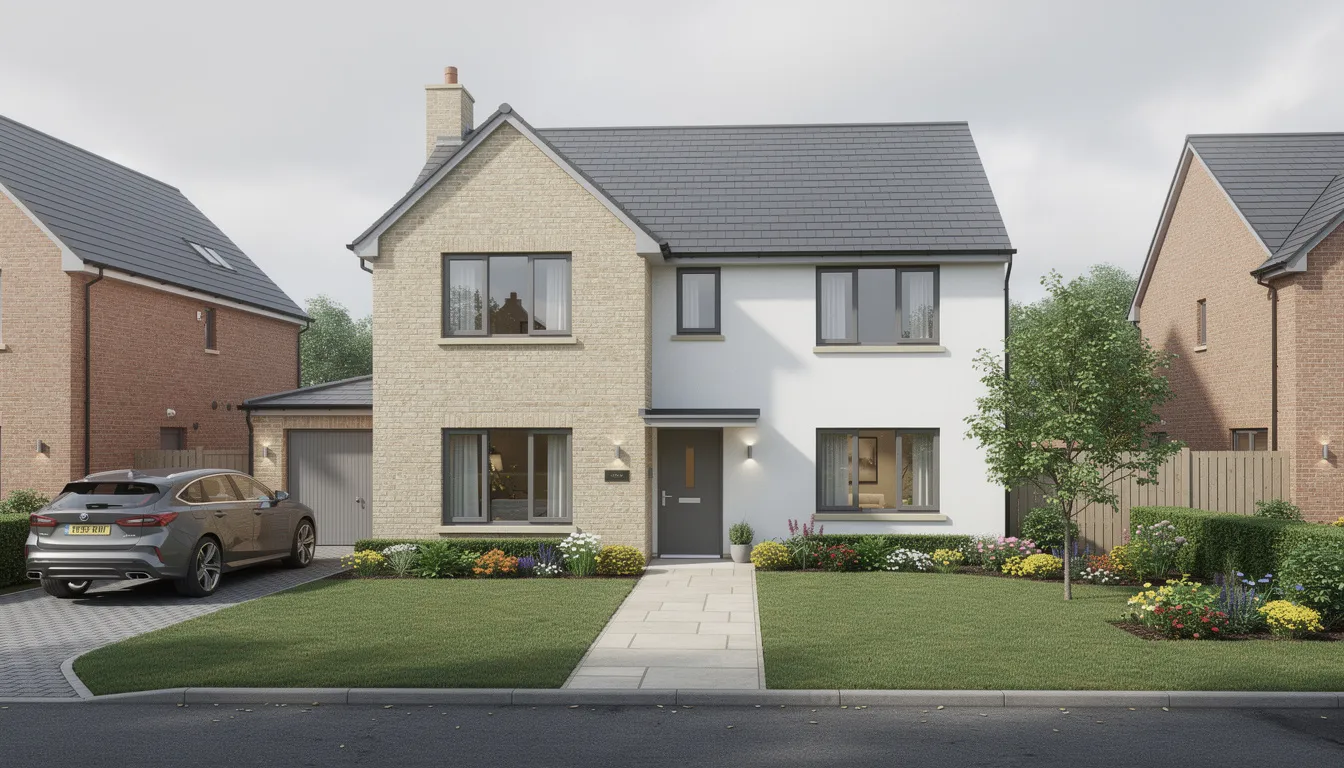 A modern detached family home is set in a landscaped garden typical of a UK suburban area, showcasing a spacious exterior ideal for family living. This property emphasises the importance of understanding mortgage payments and potential lending criteria for high net worth individuals looking to invest in residential mortgages.