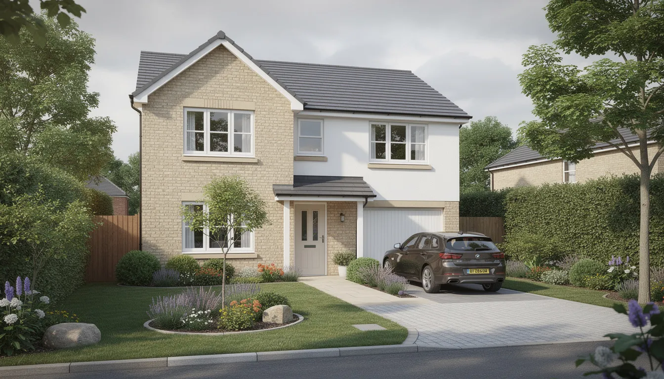 The image depicts a modern detached family home surrounded by a beautifully landscaped front garden, situated in a lush, leafy suburb of the UK. This inviting property could be a perfect option for medical professionals seeking tailored mortgage solutions from specialist lenders, ensuring they find the right mortgage to suit their unique financial circumstances.