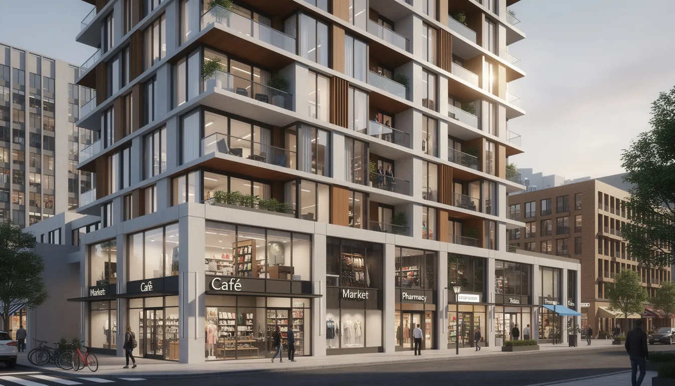 The image depicts a modern city centre apartment block featuring retail units at ground level, illustrating a mixed-use investment property. This type of property can be appealing for high net worth clients seeking to optimise their mortgage payments and overall investment strategy.