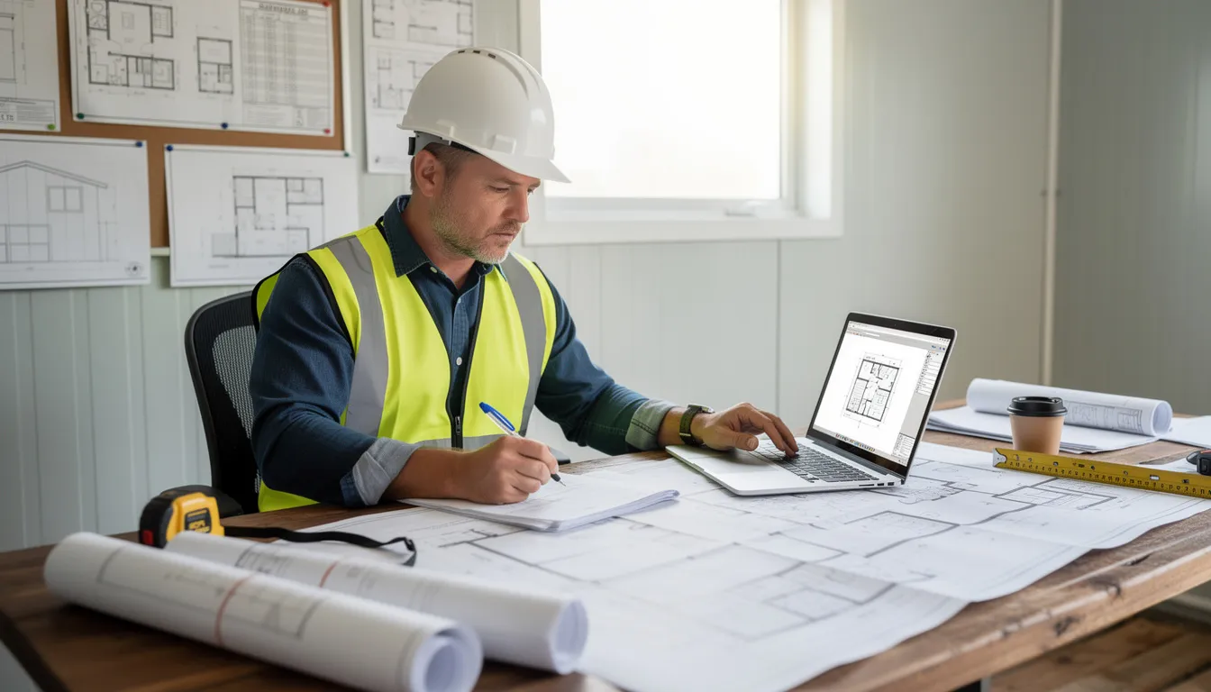 A developer is seated at a desk in a site office, intently reviewing architectural plans and documents while a laptop is open in front of them. This scene reflects the crucial role of development finance in property development projects, highlighting the importance of secure development exit finance for successful project completion.