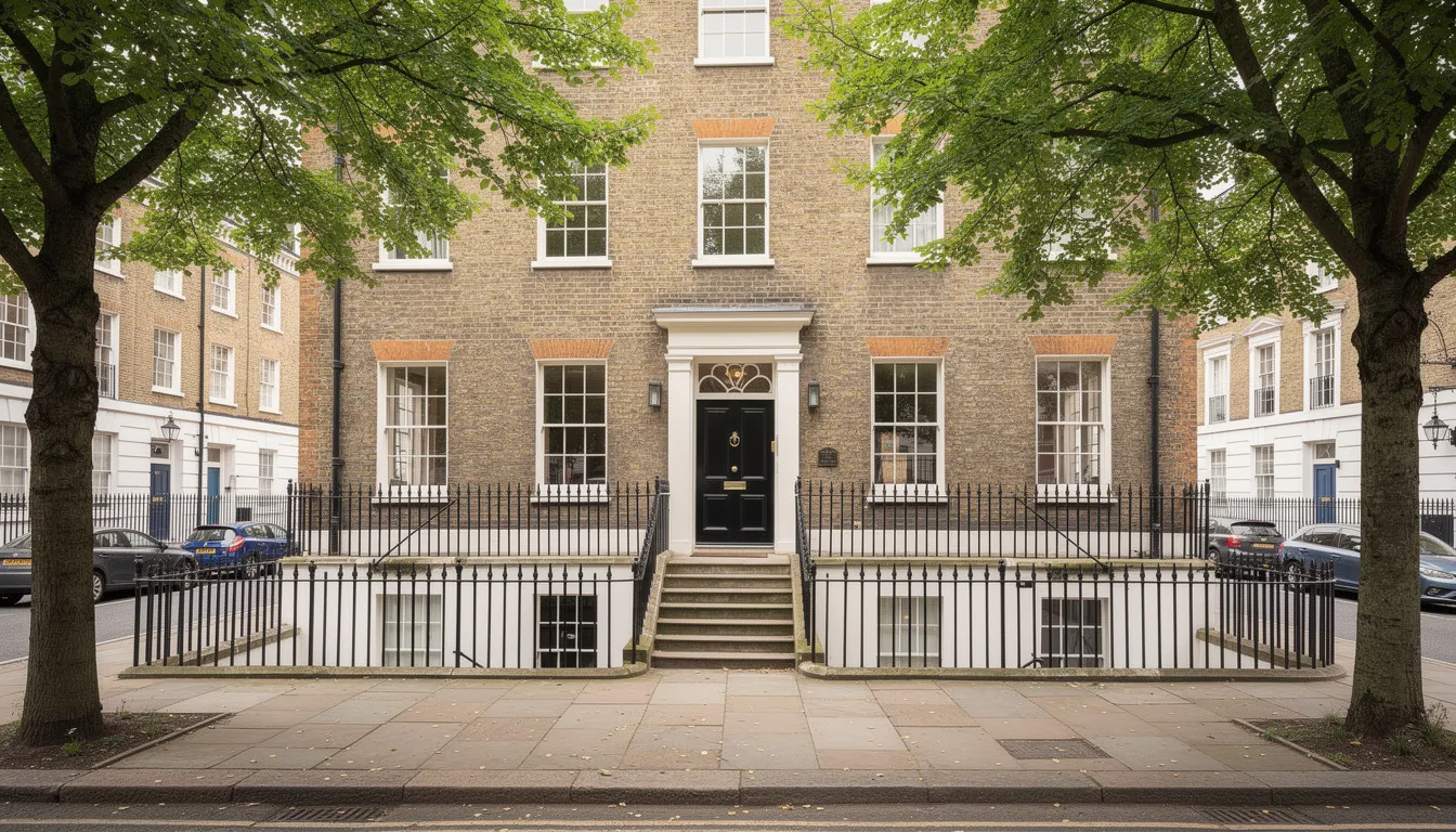 The image depicts a charming Georgian townhouse situated on a tree-lined street near Lincoln's Inn Fields in London, showcasing elegant iron railings and classic period architecture. This setting is ideal for legal professionals, including barristers, who may seek specialist lenders for their mortgage applications, particularly those navigating unique financial situations like fluctuating income or capital raising.